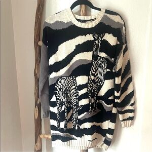 Zebra Print Sweater Vintage Krizia Maglia Cotton Hand Knit Black Grey Ivory Larg